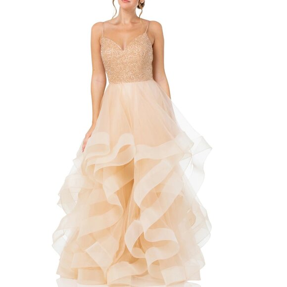 Champagne Sequin Beaded Sweetheart Neckline Tulle Formal Prom Evening Dress 14 - Picture 1 of 8